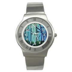 Nature Outdoors Night Trees Scene Forest Woods Light Moonlight Wilderness Stars Stainless Steel Watch by Posterlux