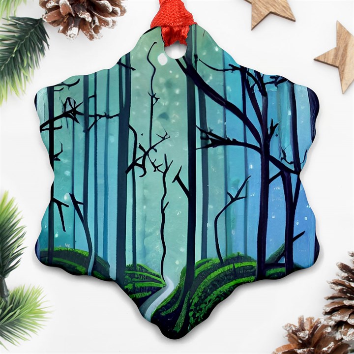 Nature Outdoors Night Trees Scene Forest Woods Light Moonlight Wilderness Stars Ornament (Snowflake)