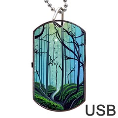 Nature Outdoors Night Trees Scene Forest Woods Light Moonlight Wilderness Stars Dog Tag Usb Flash (one Side) by Posterlux