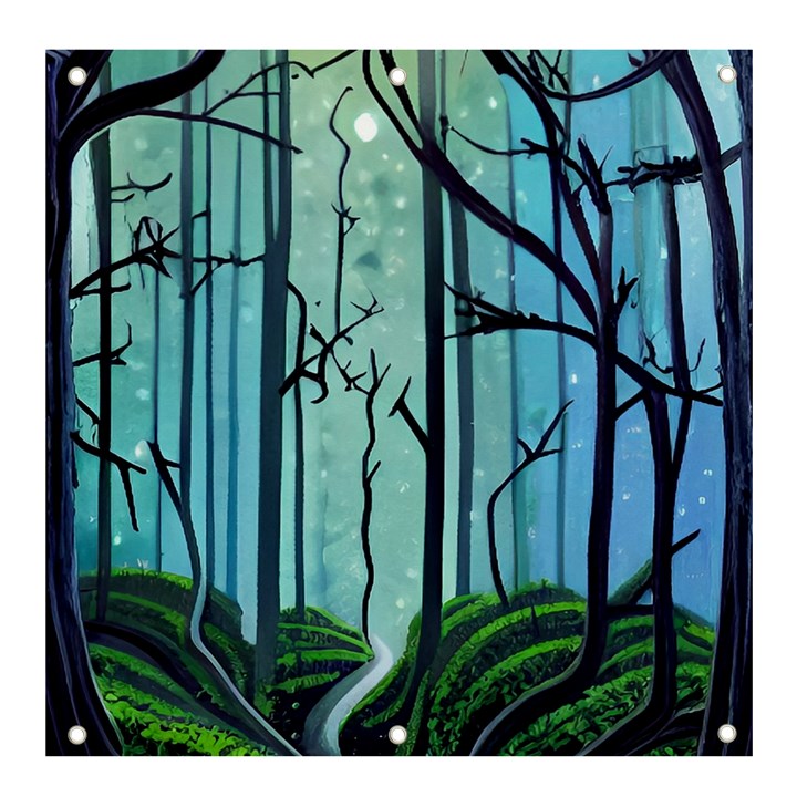 Nature Outdoors Night Trees Scene Forest Woods Light Moonlight Wilderness Stars Banner and Sign 4  x 4 