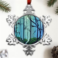 Nature Outdoors Night Trees Scene Forest Woods Light Moonlight Wilderness Stars Metal Small Snowflake Ornament by Posterlux