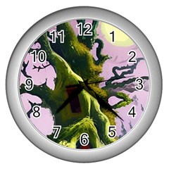 Outdoors Night Full Moon Setting Scene Woods Light Moonlight Nature Wilderness Landscape Wall Clock (silver) by Posterlux