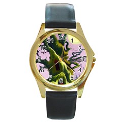 Outdoors Night Full Moon Setting Scene Woods Light Moonlight Nature Wilderness Landscape Round Gold Metal Watch by Posterlux