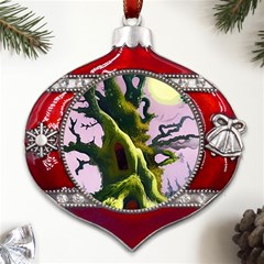 Outdoors Night Full Moon Setting Scene Woods Light Moonlight Nature Wilderness Landscape Metal Snowflake And Bell Red Ornament by Posterlux