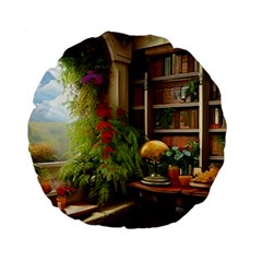 Room Interior Library Books Bookshelves Reading Literature Study Fiction Old Manor Book Nook Reading Standard 15  Premium Flano Round Cushions by Posterlux