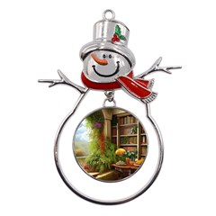 Room Interior Library Books Bookshelves Reading Literature Study Fiction Old Manor Book Nook Reading Metal Snowman Ornament by Posterlux