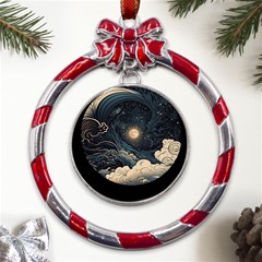 Starry Sky Moon Space Cosmic Galaxy Nature Art Clouds Art Nouveau Abstract Metal Red Ribbon Round Ornament by Posterlux