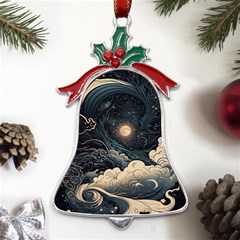 Starry Sky Moon Space Cosmic Galaxy Nature Art Clouds Art Nouveau Abstract Metal Holly Leaf Bell Ornament