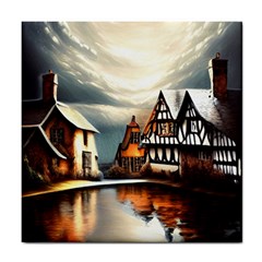 Village Reflections Snow Sky Dramatic Town House Cottages Pond Lake City Tile Coaster by Posterlux