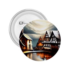 Village Reflections Snow Sky Dramatic Town House Cottages Pond Lake City 2 25  Buttons by Posterlux