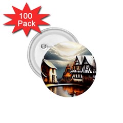 Village Reflections Snow Sky Dramatic Town House Cottages Pond Lake City 1 75  Buttons (100 Pack)  by Posterlux