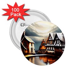 Village Reflections Snow Sky Dramatic Town House Cottages Pond Lake City 2 25  Buttons (100 Pack)  by Posterlux