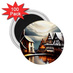 Village Reflections Snow Sky Dramatic Town House Cottages Pond Lake City 2 25  Magnets (100 Pack)  by Posterlux