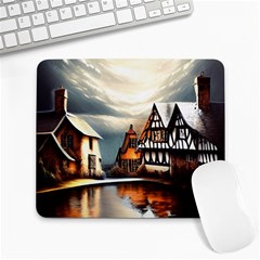 Village Reflections Snow Sky Dramatic Town House Cottages Pond Lake City Large Mousepad by Posterlux