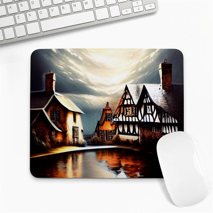 Village Reflections Snow Sky Dramatic Town House Cottages Pond Lake City Large Mousepad