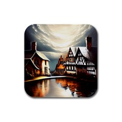 Village Reflections Snow Sky Dramatic Town House Cottages Pond Lake City Rubber Square Coaster (4 Pack) by Posterlux