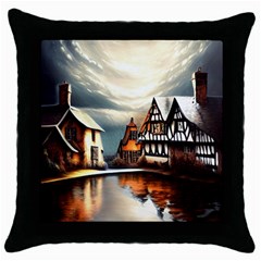 Village Reflections Snow Sky Dramatic Town House Cottages Pond Lake City Throw Pillow Case (black) by Posterlux