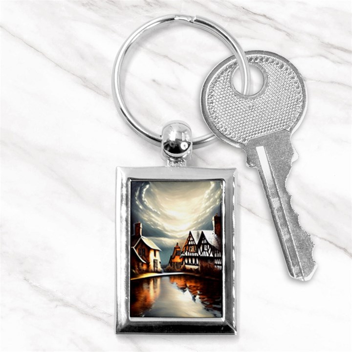 Village Reflections Snow Sky Dramatic Town House Cottages Pond Lake City Key Chain (Rectangle)