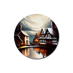 Village Reflections Snow Sky Dramatic Town House Cottages Pond Lake City Rubber Coaster (round) by Posterlux