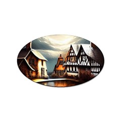 Village Reflections Snow Sky Dramatic Town House Cottages Pond Lake City Sticker (oval) by Posterlux