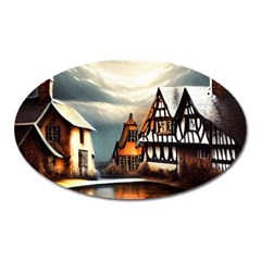 Village Reflections Snow Sky Dramatic Town House Cottages Pond Lake City Oval Magnet by Posterlux