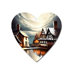 Village Reflections Snow Sky Dramatic Town House Cottages Pond Lake City Heart Magnet by Posterlux