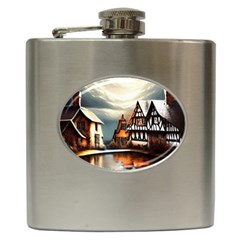 Village Reflections Snow Sky Dramatic Town House Cottages Pond Lake City Hip Flask (6 Oz) by Posterlux