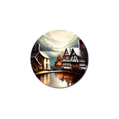 Village Reflections Snow Sky Dramatic Town House Cottages Pond Lake City Golf Ball Marker by Posterlux