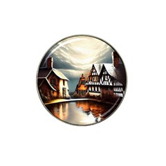 Village Reflections Snow Sky Dramatic Town House Cottages Pond Lake City Hat Clip Ball Marker by Posterlux