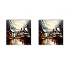 Village Reflections Snow Sky Dramatic Town House Cottages Pond Lake City Cufflinks (square) by Posterlux