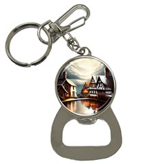 Village Reflections Snow Sky Dramatic Town House Cottages Pond Lake City Bottle Opener Key Chain by Posterlux