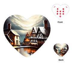 Village Reflections Snow Sky Dramatic Town House Cottages Pond Lake City Playing Cards Single Design (heart)