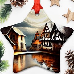 Village Reflections Snow Sky Dramatic Town House Cottages Pond Lake City Star Ornament (two Sides)