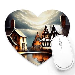 Village Reflections Snow Sky Dramatic Town House Cottages Pond Lake City Heart Mousepad by Posterlux