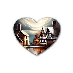 Village Reflections Snow Sky Dramatic Town House Cottages Pond Lake City Rubber Coaster (heart) by Posterlux