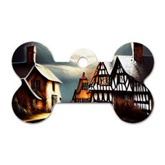 Village Reflections Snow Sky Dramatic Town House Cottages Pond Lake City Dog Tag Bone (two Sides) by Posterlux