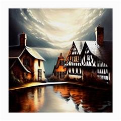 Village Reflections Snow Sky Dramatic Town House Cottages Pond Lake City Medium Glasses Cloth (2 Sides) by Posterlux