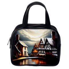 Village Reflections Snow Sky Dramatic Town House Cottages Pond Lake City Classic Handbag (one Side) by Posterlux