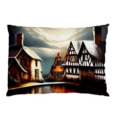 Village Reflections Snow Sky Dramatic Town House Cottages Pond Lake City Pillow Case by Posterlux