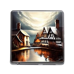 Village Reflections Snow Sky Dramatic Town House Cottages Pond Lake City Memory Card Reader (square 5 Slot) by Posterlux