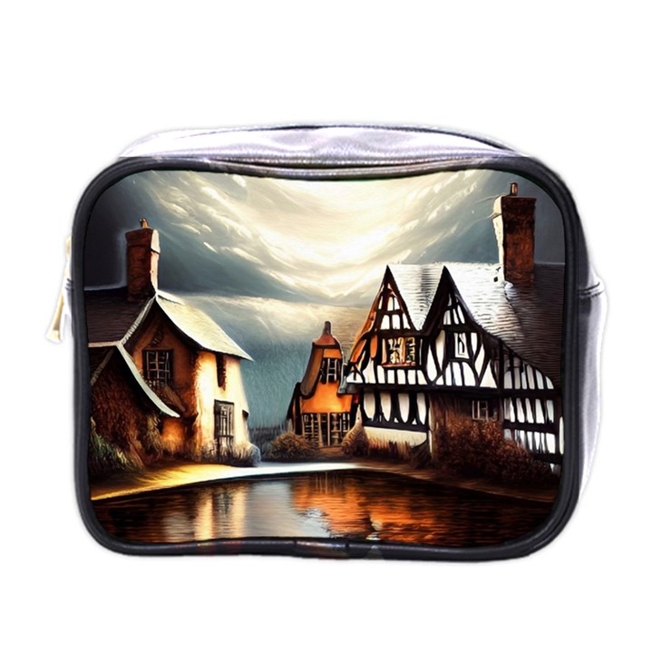 Village Reflections Snow Sky Dramatic Town House Cottages Pond Lake City Mini Toiletries Bag (One Side)