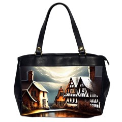 Village Reflections Snow Sky Dramatic Town House Cottages Pond Lake City Oversize Office Handbag (2 Sides) by Posterlux