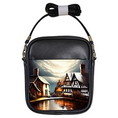 Village Reflections Snow Sky Dramatic Town House Cottages Pond Lake City Girls Sling Bag by Posterlux