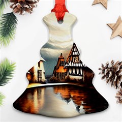 Village Reflections Snow Sky Dramatic Town House Cottages Pond Lake City Ornament (christmas Tree)  by Posterlux