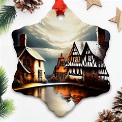 Village Reflections Snow Sky Dramatic Town House Cottages Pond Lake City Snowflake Ornament (two Sides)