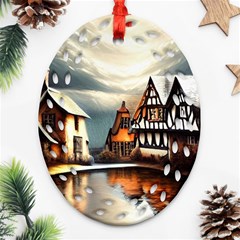 Village Reflections Snow Sky Dramatic Town House Cottages Pond Lake City Ornament (oval Filigree)