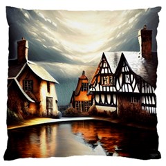 Village Reflections Snow Sky Dramatic Town House Cottages Pond Lake City Large Cushion Case (one Side) by Posterlux