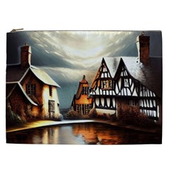 Village Reflections Snow Sky Dramatic Town House Cottages Pond Lake City Cosmetic Bag (xxl) by Posterlux