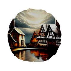 Village Reflections Snow Sky Dramatic Town House Cottages Pond Lake City Standard 15  Premium Round Cushions by Posterlux