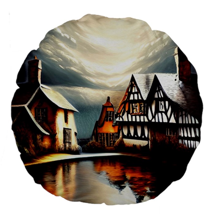 Village Reflections Snow Sky Dramatic Town House Cottages Pond Lake City Large 18  Premium Round Cushions